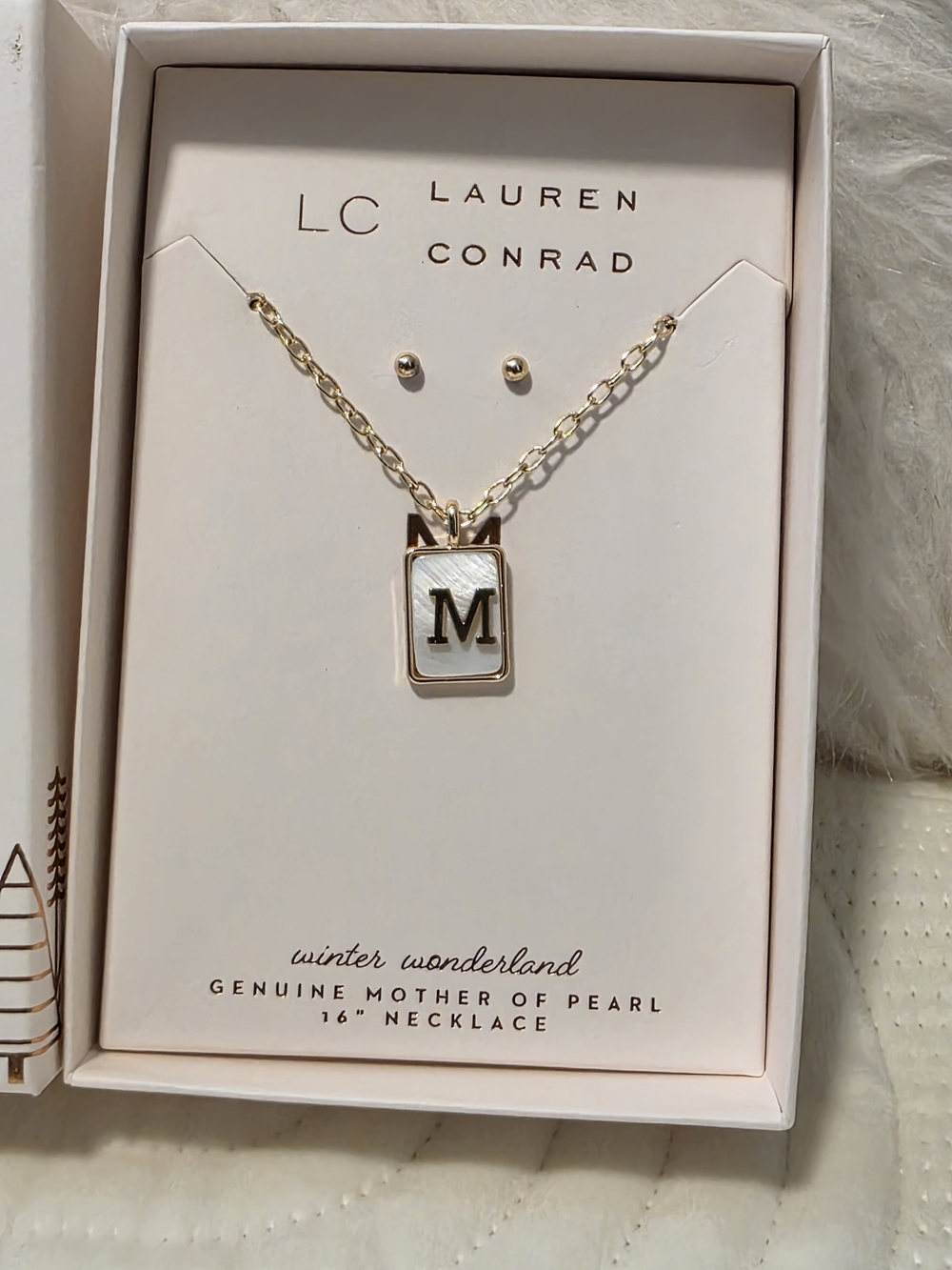 WONDERLAND Gold Initial 'M' Mother-of-Pearl Pendant Necklace And Earring Stud